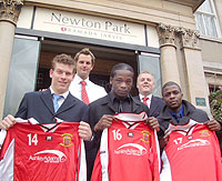 New signings Kris Nurse, Justin Rowe and Jonathan Daniels with Gary Norton and Mark Evans